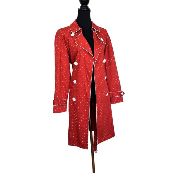 Bandolino Womens Trench Coat Red Polka Dot Belted Waist Large Retro Jacket - Picture 10 of 10